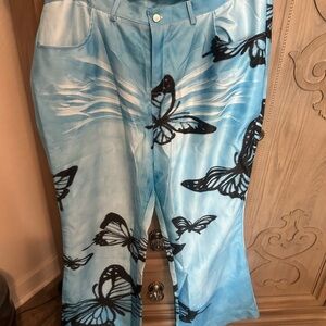 New Blue Butterfly Print Flare Pants